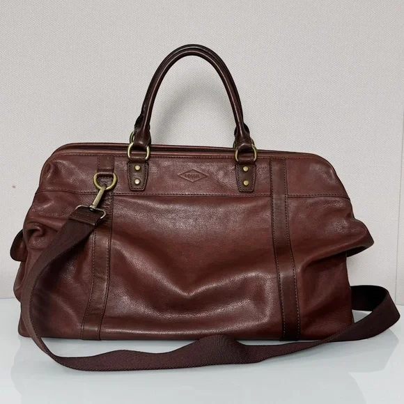 Fossil Mens Estate Brown/cognac Leather Weekender Travel Framed Duffle Bag - Picture 3 of 10